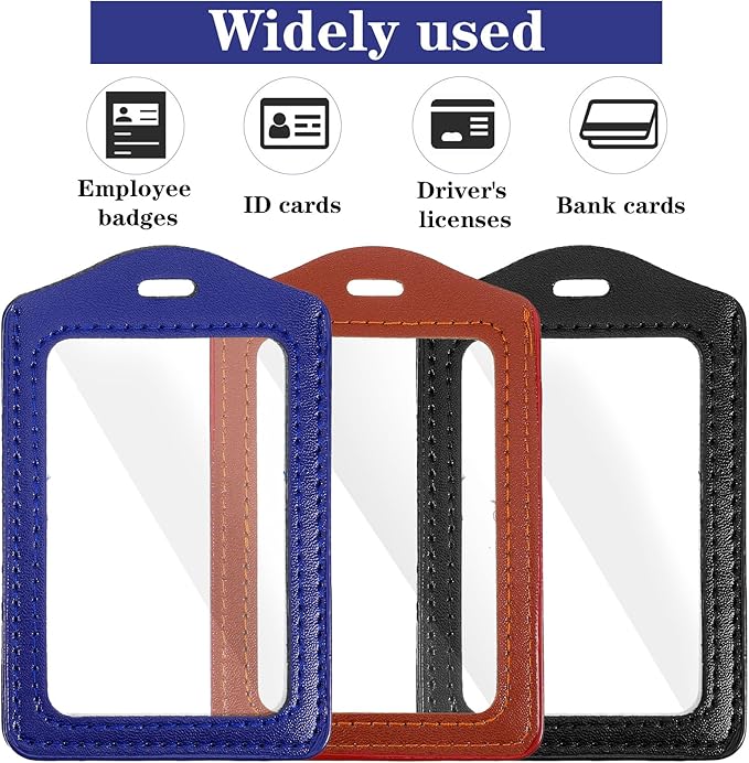 3 Pcs Leather ID Badge Holder, Vertical Double Sided Badge Holder, Clear Waterproof Name Badges Holders for Office, Employees, Staff, Students (Black, Brown, Blue)