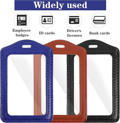 3 Pcs Leather ID Badge Holder, Vertical Double Sided Badge Holder, Clear Waterproof Name Badges Holders for Office, Employees, Staff, Students (Black, Brown, Blue)