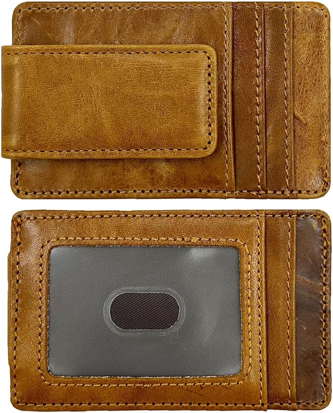 Front Pocket Wallets for Men with Magnet Money Clip RFID Blocking Leather Minimalist Slim Wallet Credit Card Holder (Small Brown)