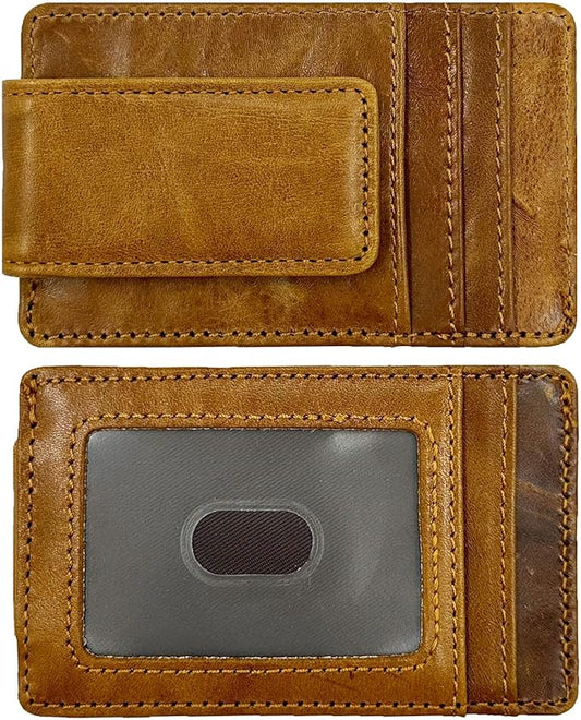 Front Pocket Wallets for Men with Magnet Money Clip RFID Blocking Leather Minimalist Slim Wallet Credit Card Holder (Small Brown)