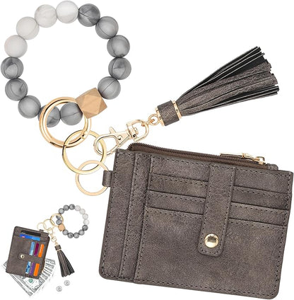 KNGITRYI Wallet Keychain Wristlet for Women,Slim RFID Credit Card Holder Purse Tassel Keychain Bangle Key Ring for Men Women