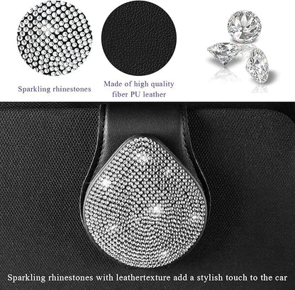 KVAEY Bling Sunglass Holder for Car Visor, Magnetic Leather Visor Clip Glasses Holder with Sparkling Rhinestones, Crystal Visor Ticket Card Clip for Women Girls, Car Accessories (Black & White)