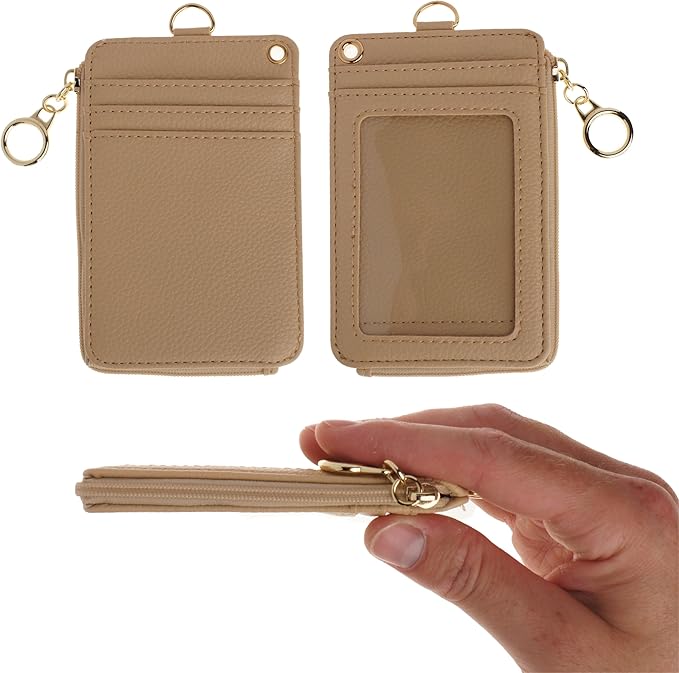 Mondo Designs 2-in-1 ID Badge Holder & Lanyard Wallet - Multi-Use Womens Small Wallet with Removable Wristlet & Neck Lanyard, Clear Window, 5 Card Slots, Phone Holder, Ring Keychain - Taupe
