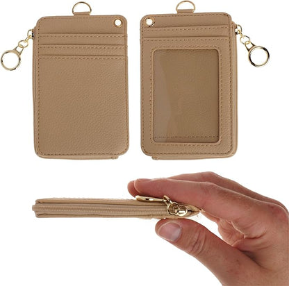 Mondo Designs 2-in-1 ID Badge Holder & Lanyard Wallet - Multi-Use Womens Small Wallet with Removable Wristlet & Neck Lanyard, Clear Window, 5 Card Slots, Phone Holder, Ring Keychain - Taupe
