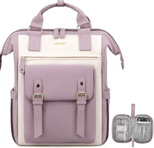 LOVEVOOK Laptop Backpack for Women, Teacher Nurse Bag Work Travel Computer Backpacks Purse,Water Resistant Daypack,Purple Beige 15.6in