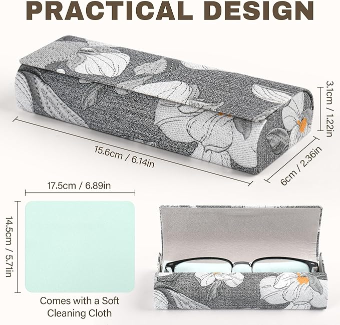 PU Leather Hard Shell Glasses Case, Floral Design Metal Frame, Portable Eyeglass Cases with Cleaning Cloth
