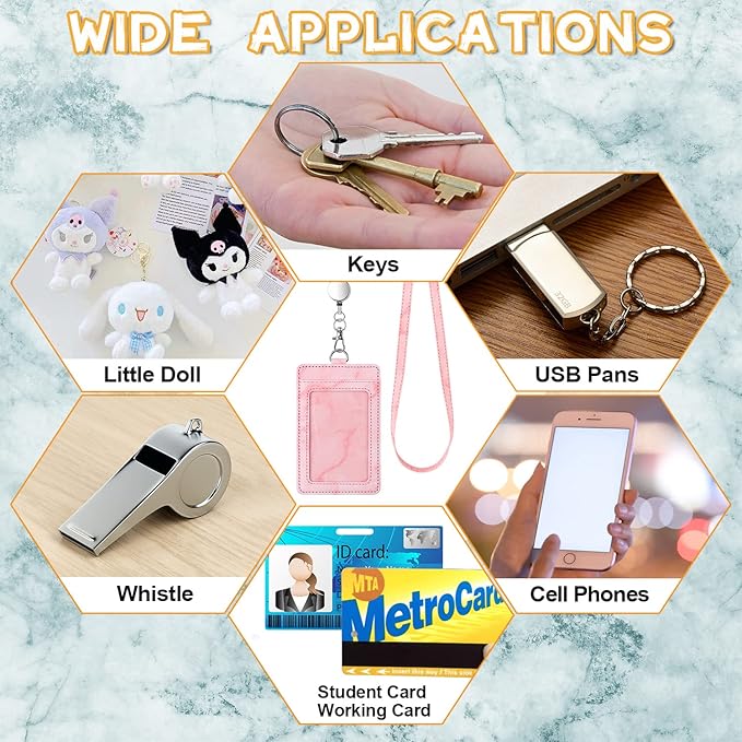 ID Badge Holder with Lanyard Marble Pattern Retractable Badge Holder PU Leather with Clear ID Window 1 Credit Card Case Name Badge Keychain Tags Protector for Women Nurse Teacher Office (Pink)