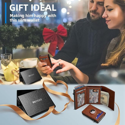 miyozi Airtag Wallet for Men,with Cash Pocket 2 ID Window 9-12 Cards,Metal Case Smart Slim Pop Up Credit Card Holder Flip with Magnetic Closure RFID Blocking Trifold wallet with Gift Box