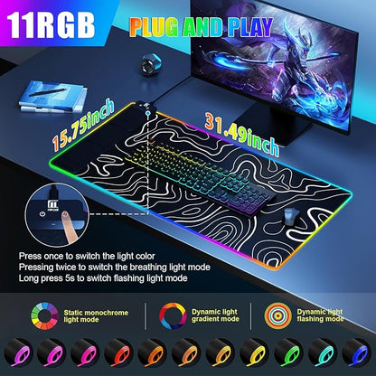 Mouse Pad with Phone Holder, Wireless Charging Desk Mat, RGB Gaming Mousepad Home Office Large Desk Pad with Ultra-Smooth Surface, Non-Slip Base, Waterproof Keyboard Pad,Topographic Black
