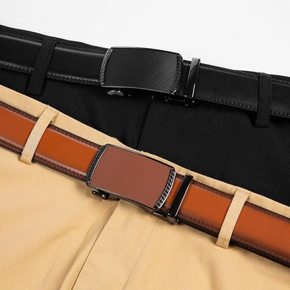 Founders & C Mens Belt 2 Pack,Leather Ratchet Click Belt Dress with Slide Buckle 1 3/8" in Gift Set Box- Size Adjustable