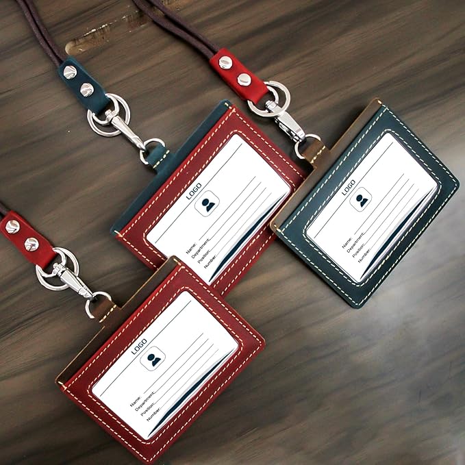Badge Holder: Boshiho Cowhide Leather ID Badge Card Holder with 19" Neck Lanyard, Horizontal Style (Red)