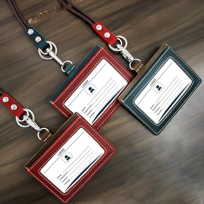 Badge Holder: Boshiho Cowhide Leather ID Badge Card Holder with 19" Neck Lanyard, Horizontal Style (Blue)