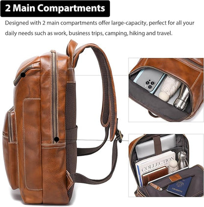 LANNSYNE Vegetable Tanned Leather Backpack For Men, 17" Laptop Backpack, Casual Outdoor Business Travel Rucksack, YKK Zippers