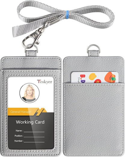 Teskyer Badge Holder with Lanyard, Leather ID Name Badge Card Holder with Lanyard for ID Badges, Vertical, Lychee Pattern Grey