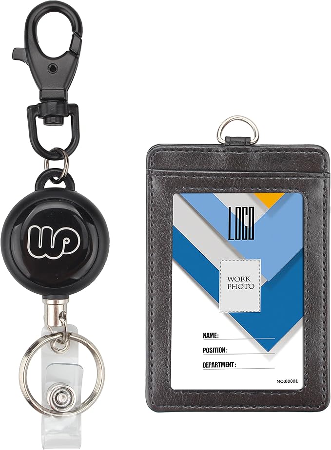Wisdompro ID Badge Holder with Retractable Keychain, 2-Sided PU Leather Pass Card Holder with 2 Card Slots and Badge Reel for Work, School, Metro, Bus, Access Card - Black, Vertical