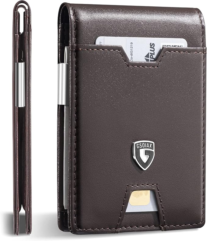GSOIAX Men's Slim RFID Blocking Leather Wallet with Money Clip | Minimalist Carbon Fiber Bifold Credit Card Holder | 11 Card Slots | Gift Box Included(Leather Coffee)