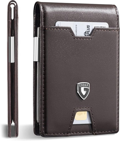 GSOIAX Men's Slim RFID Blocking Leather Wallet with Money Clip | Minimalist Carbon Fiber Bifold Credit Card Holder | 11 Card Slots | Gift Box Included(Leather Coffee)