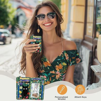 Yonlevres Black Cat Credit Card Holder Slim Wallet, Floral RFID Wallet Women Front Pocket Small Card Holder, Travel Funny Cute Thin Card Case ID Window PU Leather RFID Blocking Card Organizer Girls