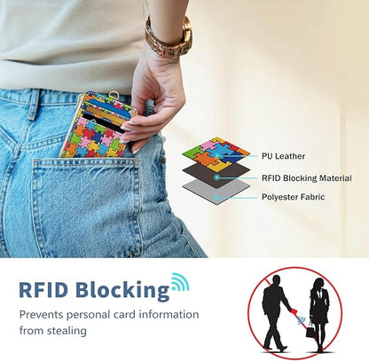 Lanyard Wallet with Id Badge Holder, Autism Awareness RFID Small Keychain Wallet Women Wristlet, Cute Zipper Credit Card Holder Phone Wrist Neck Strap for Key Name Tag, Student Office Gifts