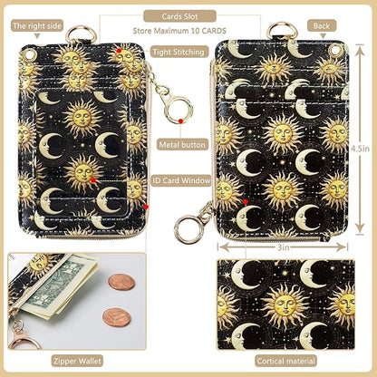 2-in-1 ID Badge Holder & Lanyard Wallet, Sun Moon Lanyard with Retractable Badge Reel 2-Sided Leather Zipper Coin Pouch, Multiple Card Slots Quick Rlease Detachable Neck Lanyards Strap for Keys Cards