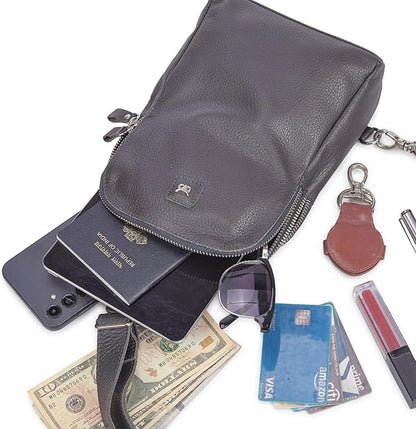Leather Sling Bag for Women Genuine Crossbody Purse Small Trendy Cross Over Chest with Phone and Credit Card Slots (Dark Grey Nappa)