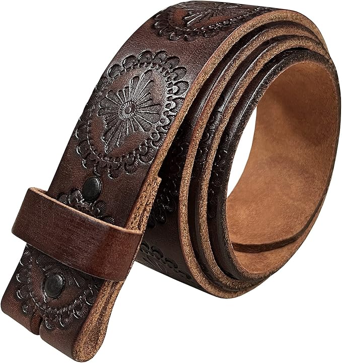Cowboy Cowgirl Western Tooled Floral Embossed Full Grain Genuine Leather Belt Strap 1-1/2"(38mm) Wide