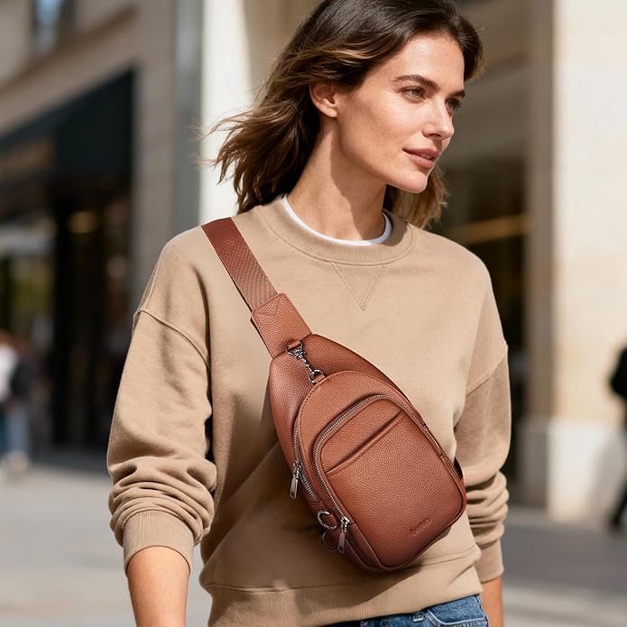 befen Genuine Leather Small Sling Bag for Women Anti-Theft Crossbody Chest Bags Multi-Pockets Fanny Pack with RFID Card Slots