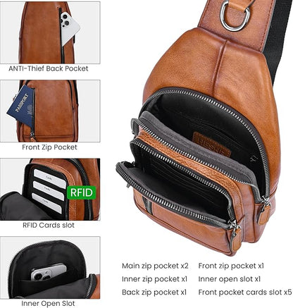 HESHE Leather Sling Bag for Women Crossbody Bags with Multi-Pocket Stylish Fanny Packs for Travel Chest Bag