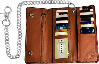 IBRO VINTAGE Motorcycle Chain Wallet for Men – Premium Cowhide Leather, RFID Tri-Fold Biker Wallet with Heavy Duty Chain for Bikers Truckers & Hunters, Credit Card Money Organizer Long Wallet | Long Trifold, RFID Blocking, Men's, Trucker Biker