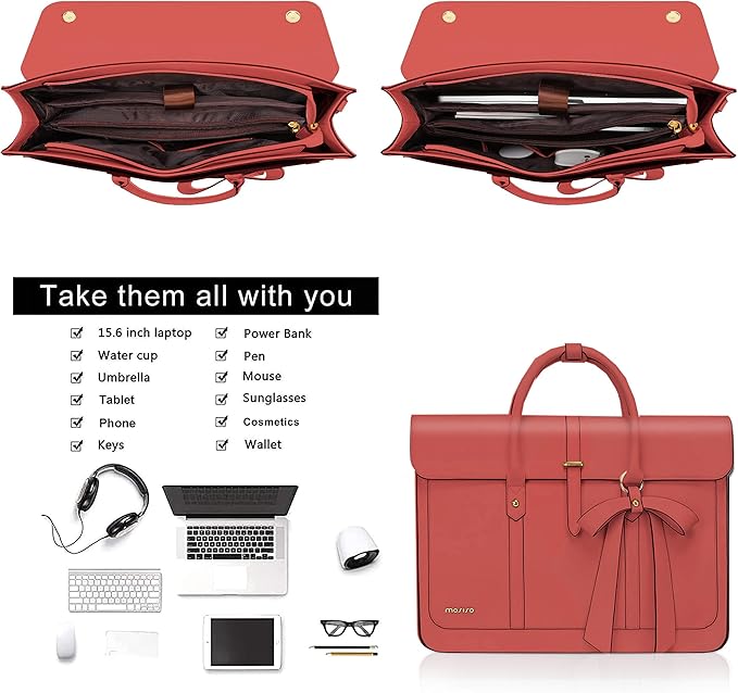 MOSISO Laptop Bag for Women, 15-15.6 inch PU Leather Laptop Shoulder Bags Convertible Backpack, 16 inch Messenger Bags Casual Handbag Work Briefcase Travel Computer Bag with Bowknot, Coral