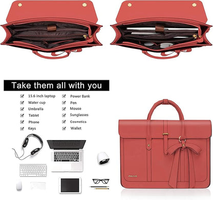 MOSISO Laptop Bag for Women, 15-15.6 inch PU Leather Laptop Shoulder Bags Convertible Backpack, 16 inch Messenger Bags Casual Handbag Work Briefcase Travel Computer Bag with Bowknot, Coral