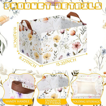 Boao 3 Pcs Wildflowers Storage Bin Wildflowers Collapsible Large Storage Baskets for Gifts Canvas Laundry Basket Foldable Box with Handle for Office Home Bedroom Clothes