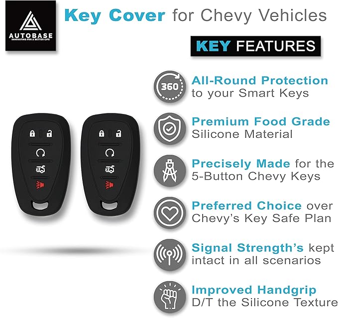 Autobase Silicone Key Fob Cover for Chevy Malibu Camaro Trax Traverse Trailblazer Sonic Blazer Cruze Volt Equinox Spark | Car Accessory for Chevrolet | Key Protection Case 2 Pcs (Black)