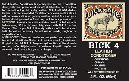 Bickmore Bick 4 Leather Conditioner and Leather Cleaner 2 oz - Will Not Darken Leather - Safe of Leather Apparel, Furniture, Jackets, Shoes, Auto Interiors, Bags & All Other Leather Accessories