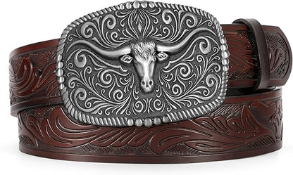 TRIWORKS Western Belt for Men Women Cowboy Engraved Belt Western Buckle Embossed Leather Belt