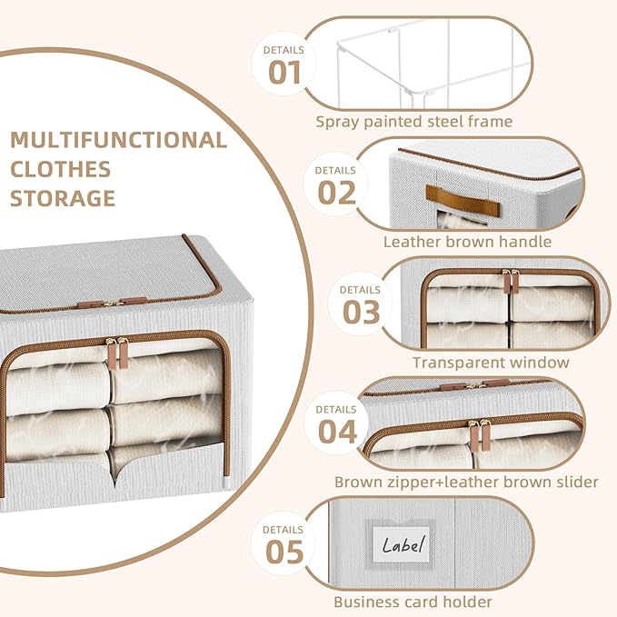 FHSQX 6 Pack Clothes Storage Bins - Foldable Storage Bins for Clothes Fabric Storage Box with Metal Frame (Light Grey, 16.5x12.2x12.2 inch)