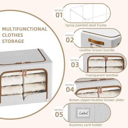 FHSQX 6 Pack Clothes Storage Bins - Foldable Storage Bins for Clothes Fabric Storage Box with Metal Frame (Light Grey, 16.5x12.2x12.2 inch)