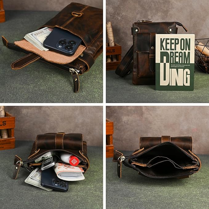 Le'aokuu Mens Genuine Leather Fanny Small Messenger Shoulder Satchel Waist Bag Pack 8711