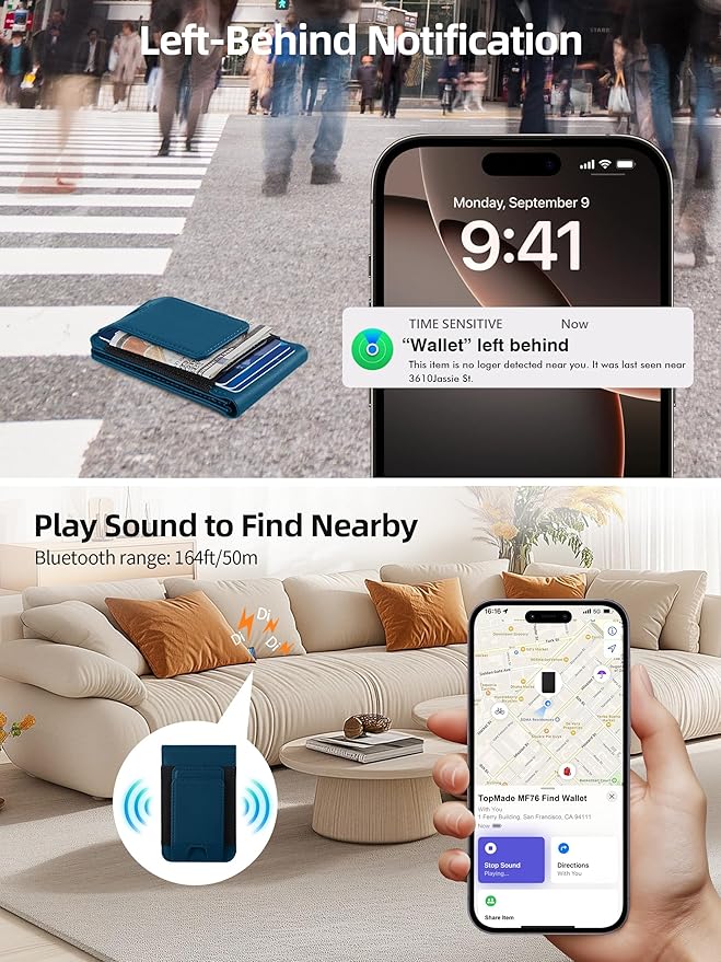 TopMade for MagSafe Wallet with Money Clip, Works with Apple Find My, Magnetic Wallet for iPhone 17/16/15/14/13/12 Series, for iPhone Wallet Stand with Finder Tracker, Dark Blue