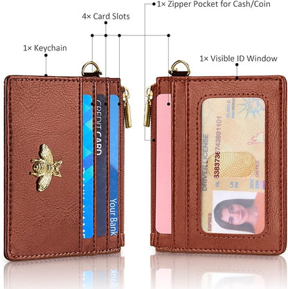 SEAVILIA Card Holder Keychain Wallet for Women with ID Window RFID Coin Purse Bee Gifts Slim Minimalist Small Wallet