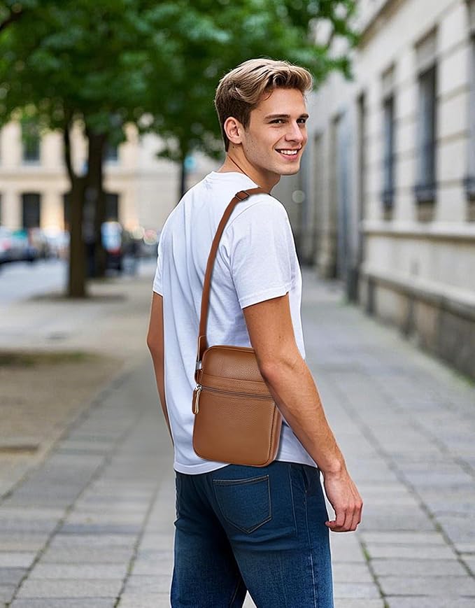 Leathario Men's Crossbody Shoulder Bag, Genuine Leather Small Messenger Satchel for Work Business Travel, Black Side Purse