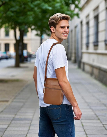 Leathario Men's Crossbody Shoulder Bag, Genuine Leather Small Messenger Satchel for Work Business Travel, Black Side Purse