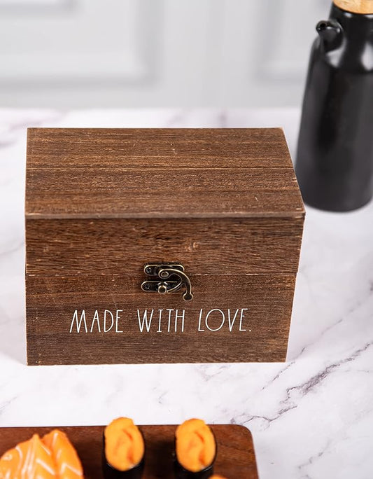 Rae Dunn Rustic Wooden Storage Box - 5x7 inches - Multipurpose Organizer - Recipe Box with Lid and Metal Clasp - Style 4