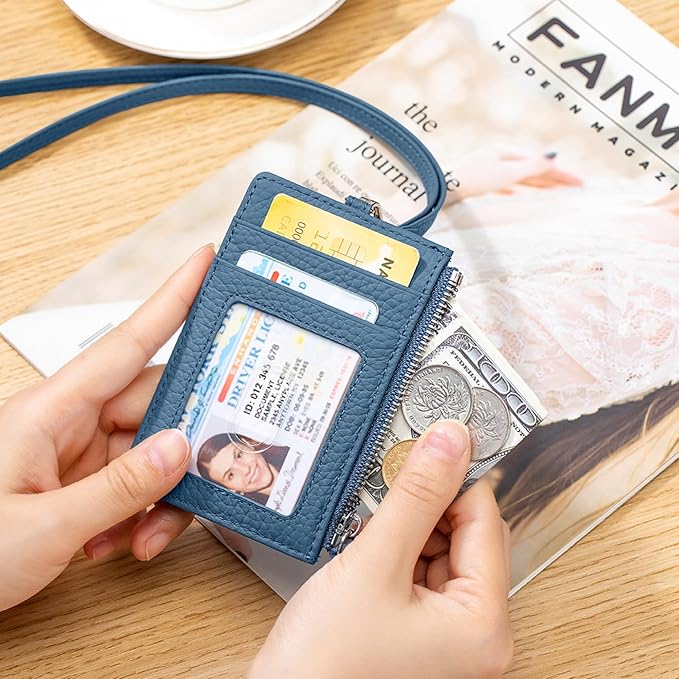 2-in-1 Leather ID Badge Holder with Wallet for Work, Multifunction ID Case with Credit Card Slots & Cash Coin Pocket, Slim Wallet with Lanyard for Women Men Nurse Teacher (Misty Blue)