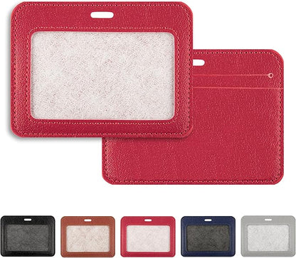 2 Pcs Leather ID Badge Holders, Horizontal & Multiple Card Slots, Red ID Card Holder for Offices, Staff, Students, Employees