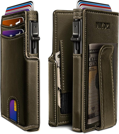 miyozi Wallet for Men, Magnetic Minimalist Slim Wallet with Pop Up Card Holder, 9 Cards RFID Blocking Metal Credit Card Case, Leather Wrapped Money Clip, ID Window & Small Item Slot, Gift Boxed