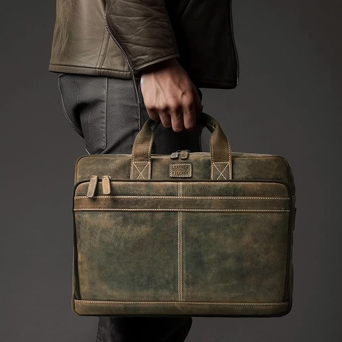 LEATHER VILLAGE 16" Leather Laptop Messenger Briefcase Bag for Men-Leather Satchel for Travel and Office Shoulder Bag- Rustic Brown