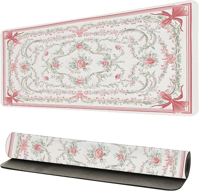 Vintage Floral Desk Mat for Women, Large PU Leather Desk Pad with Non-Slip Base, Elegant Office Keyboard Cover an Elegant and Thoughtful Gift for Women（27.56 * 13.78in）