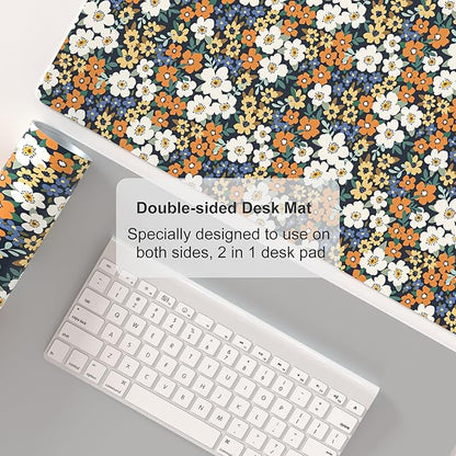 Colorful Star Large Mouse Pad, Floral Desk Mat Office Supplies, Waterproof Faux Leather Big Gaming Mousepad for Women Girls, Ditsy Wild Flowers Desk Pad Home Office Décor Accessories 31.5" x 15.7"