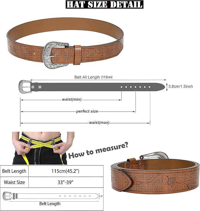 INOGIH Adjustable-Vintage-Western-Cowboy-Belt Women Men - Cowboy-Style Engraved-Buckle Belt for Jeans Pants Dresses